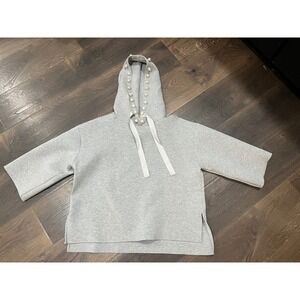 Joh Grey Pearl‎ Embellished Hoodie Cropped Sleeve Sweatshirt Womens M